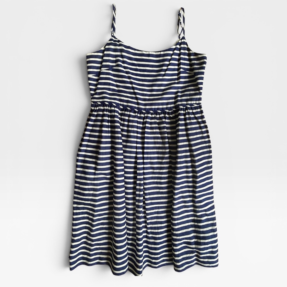 J.Crew Navy White Striped Linen Cotton Blend Pocket Sundress Size 10